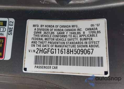 2008 Honda Civic Lx z USA, uszkodzony, nr VIN 2HGFG11618H509067